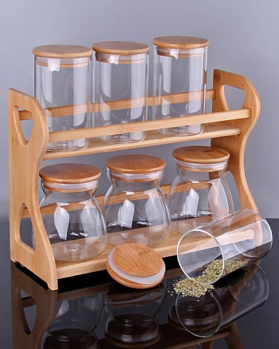 Bambu Standlı Cam Baharat Takımı Bambu Standlı Cam Baharat Takımı